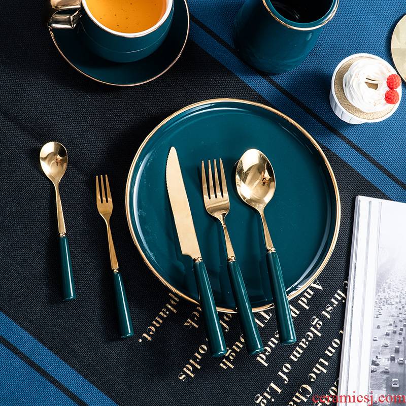 North European ceramic tableware stainless steel western food knife and fork spoon, golden steak knife and fork fork spoon stir suits for fruit fork