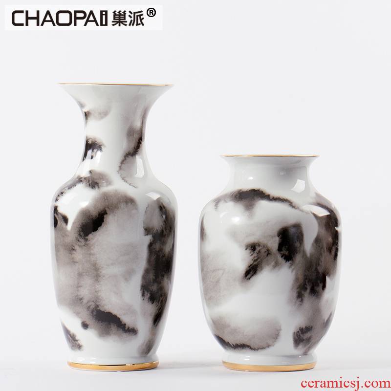 Creative new Chinese ink painting porcelain pot furnishing articles example room classical flower vase indoor furniture decoration