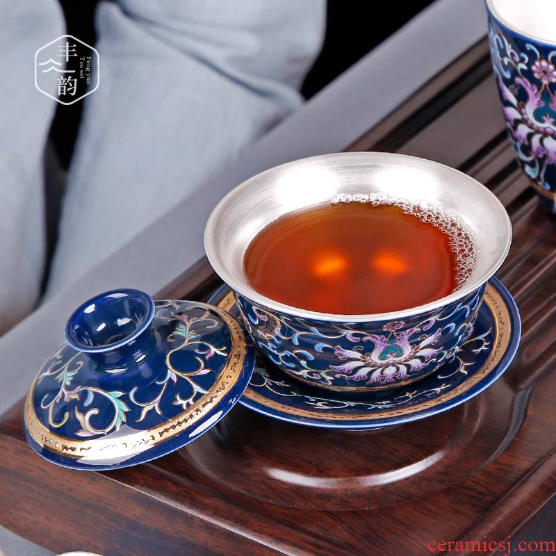 Tasted silver tea set three to tureen silver gilding ceramic cups large blue and white household manual single kung fu tea cups