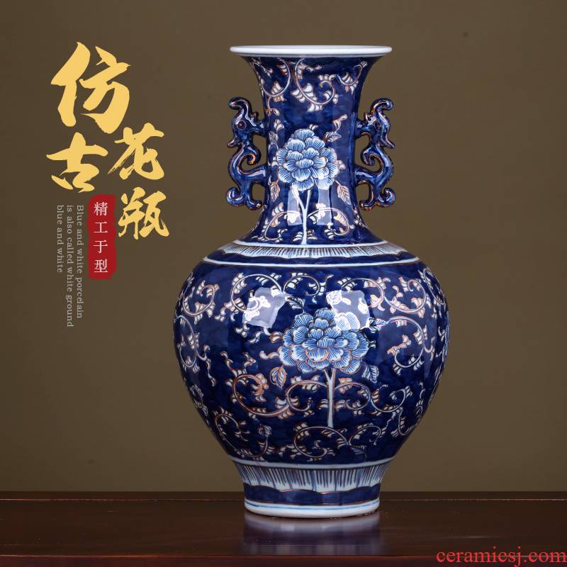 Jingdezhen ceramics hand - made ears antique Chinese blue and white porcelain vase flower arrangement rich ancient frame furnishing articles large living room