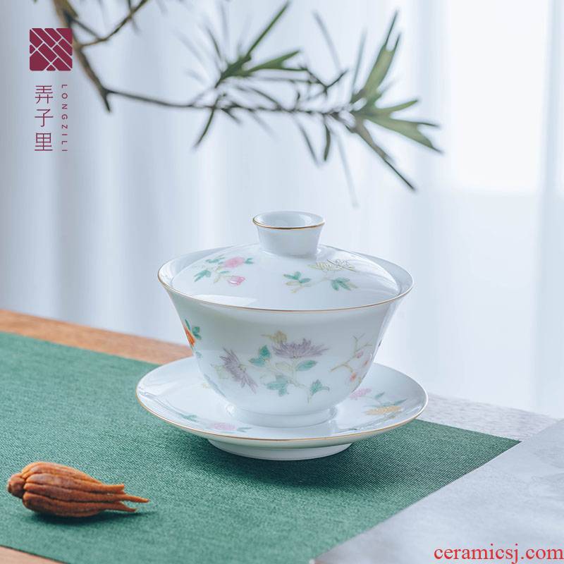 Get in tureen three to make tea tureen jingdezhen household thin foetus hand - made floral fragrant tea tureen large size