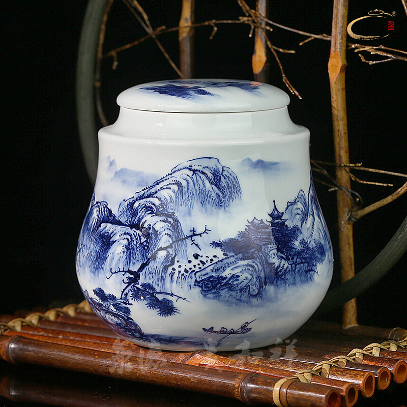 Beijing 's blue and white landscape and auspicious save tea caddy fixings jingdezhen ceramics receives gifts tea packaging gift box