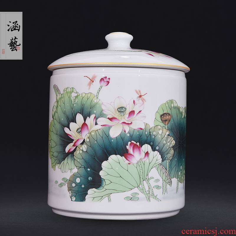 Jingdezhen ceramic powder enamel pot of fragrant lotus straight classical Chinese style living room home decoration caddy fixings furnishing articles craft gift