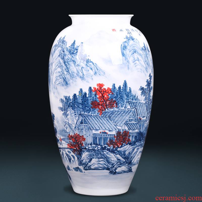 Jingdezhen ceramics by hand draw large blue and white porcelain vase flower arranging new Chinese style sitting room adornment is placed