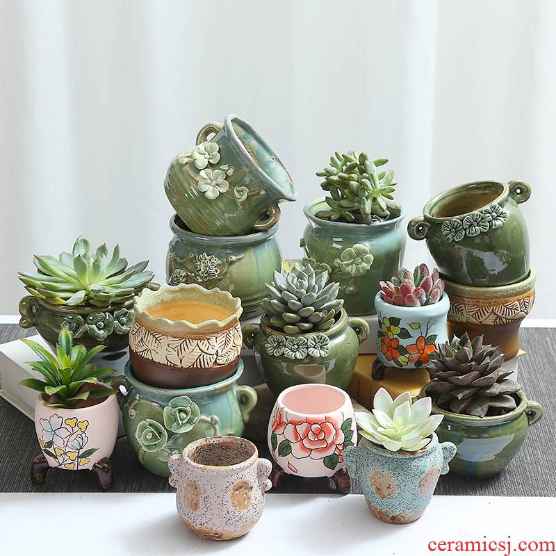 Fleshy green potted plant violet arenaceous coarse pottery old running the plastic vessels contracted ceramic individuality creative small potted the plants
