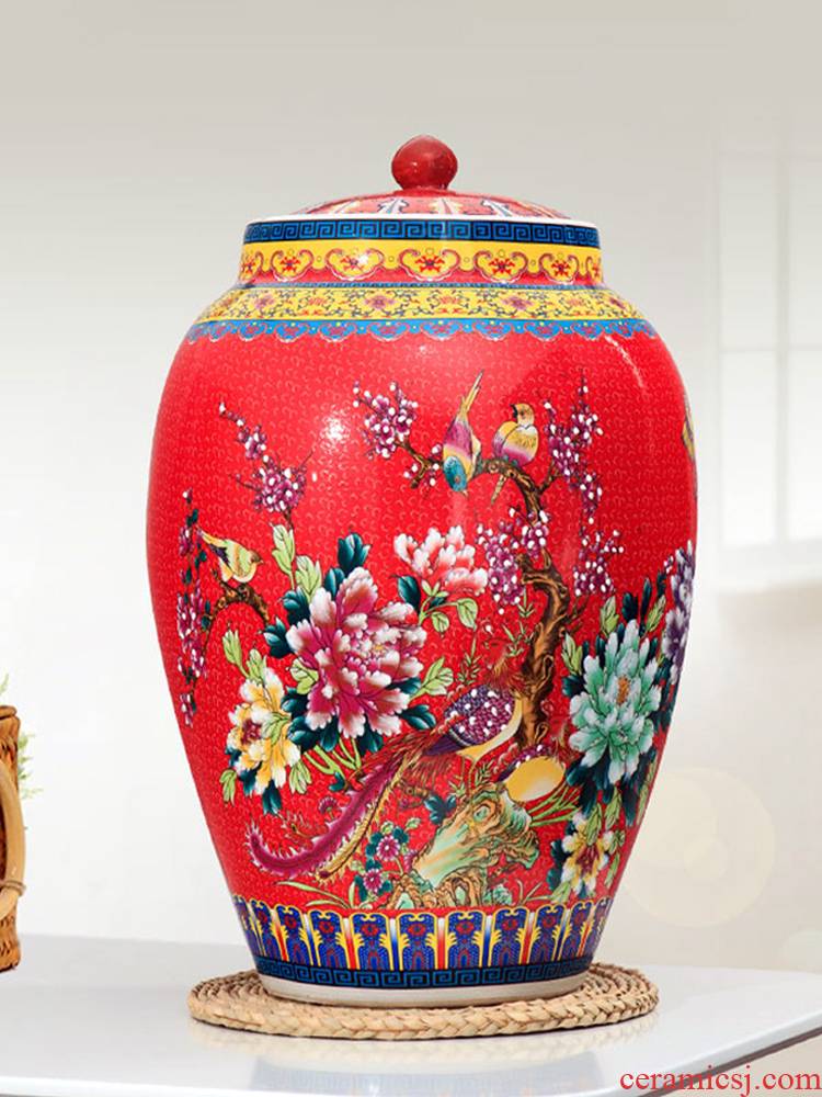 Jingdezhen barrel with cover ricer box store meter box 20 jins 30 jins 50 kg sealed ceramic household flour storage tanks