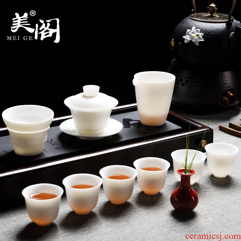 Beauty cabinet family biscuit firing porcelain tureen suet jade porcelain teacup contracted kung fu tea tea set, tea taking