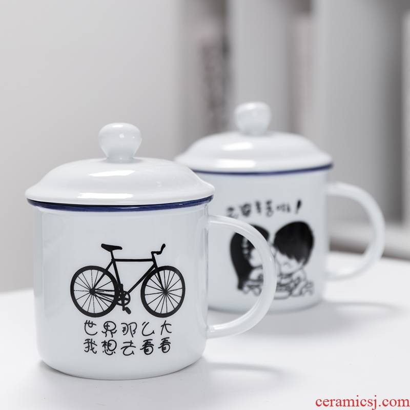 Cup of creative move trend ceramic tea urn mark Cup with cover glass imitation enamel Cup nostalgic classic office