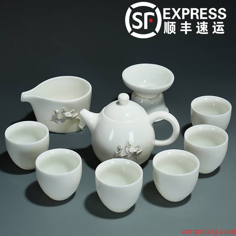 Frozen jade porcelain kung fu tea set a complete set of dehua white porcelain household coppering. As silver lid bowl sample tea cup set