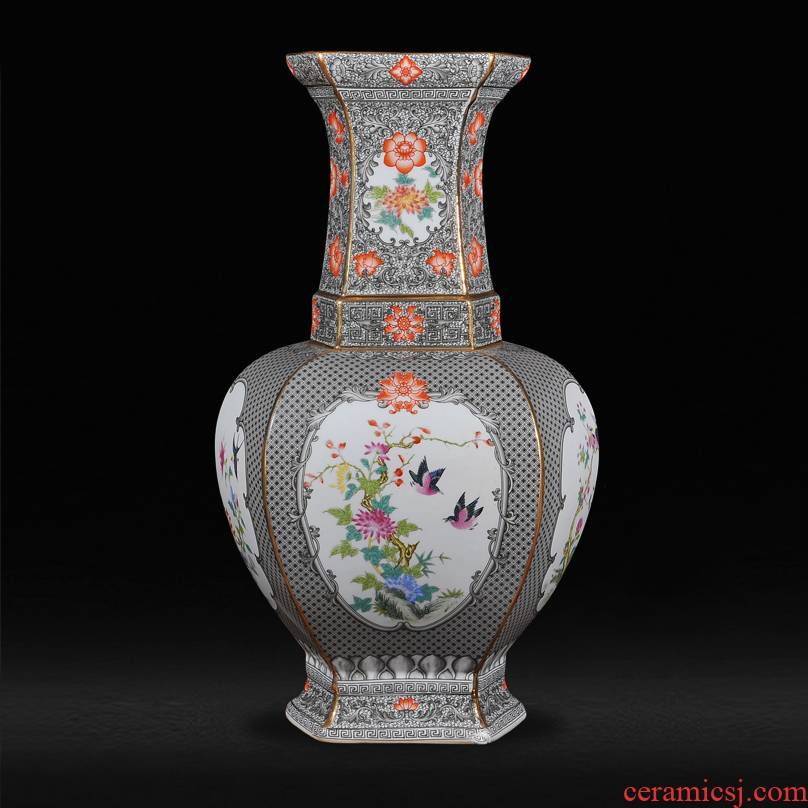 The Qing qianlong year principal climbing flower grey colored enamel painting of flowers and birds in the six - party vases, antique porcelain antique curios furnishing articles