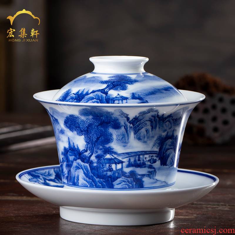 Manual blue - and - white tureen large kung fu tea set hand - made scenery tureen tea bowl three tureen jingdezhen tea cups