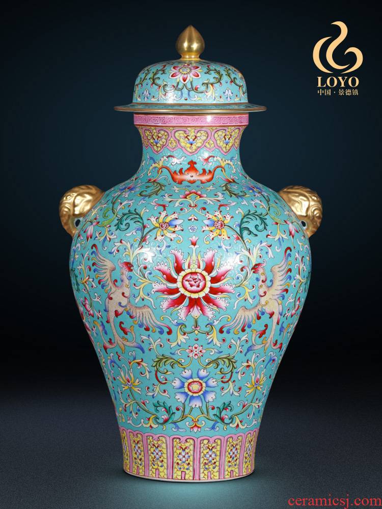 Jingdezhen ceramics storage tank imitation the qing qianlong pastel blue general scramble for flower binaural pot of tea as cans accessories