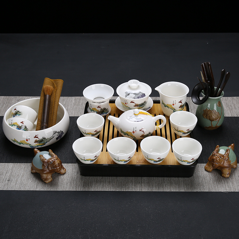 Dehua white porcelain suet jade kung fu tea set suit Japanese household contracted and I of a complete set of small tureen tea cup