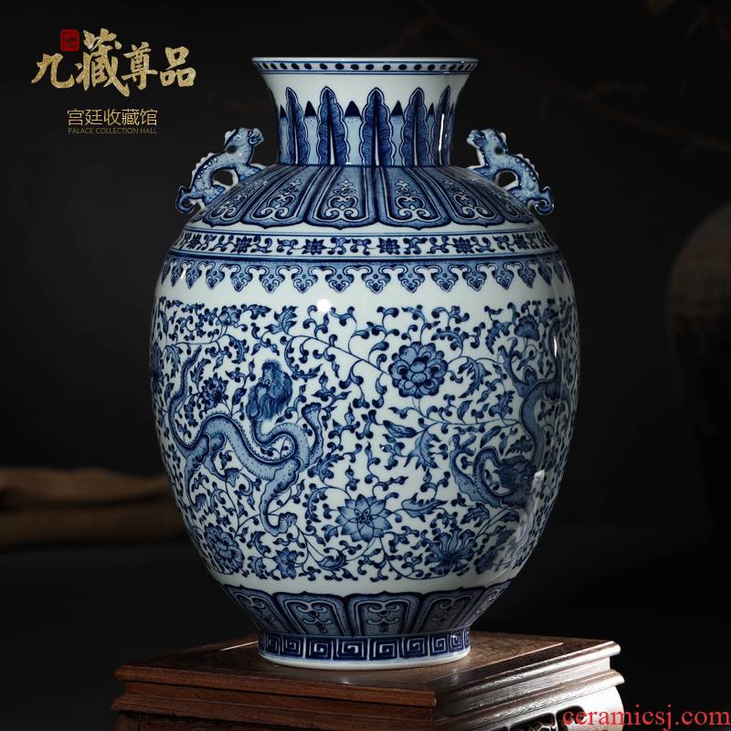 Jingdezhen ceramics imitation the qing qianlong blue - and - white hand - made bound lotus flower dragon vase furnishing articles of the new Chinese style sitting room adornment