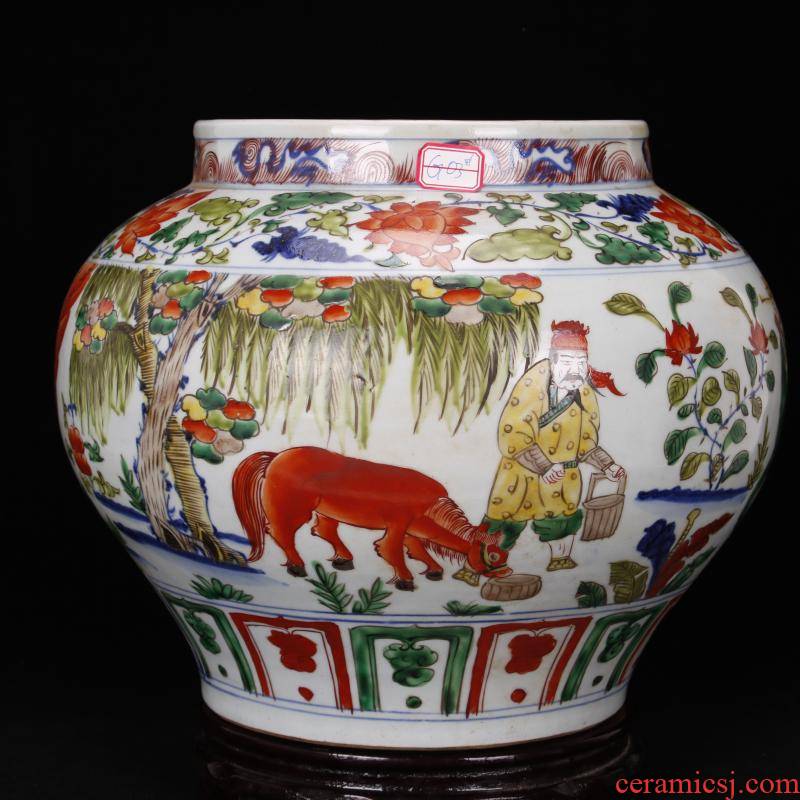 Jingdezhen antique reproduction antique pure checking bucket color colorful Samson chow old story of the big pot after furnishing articles