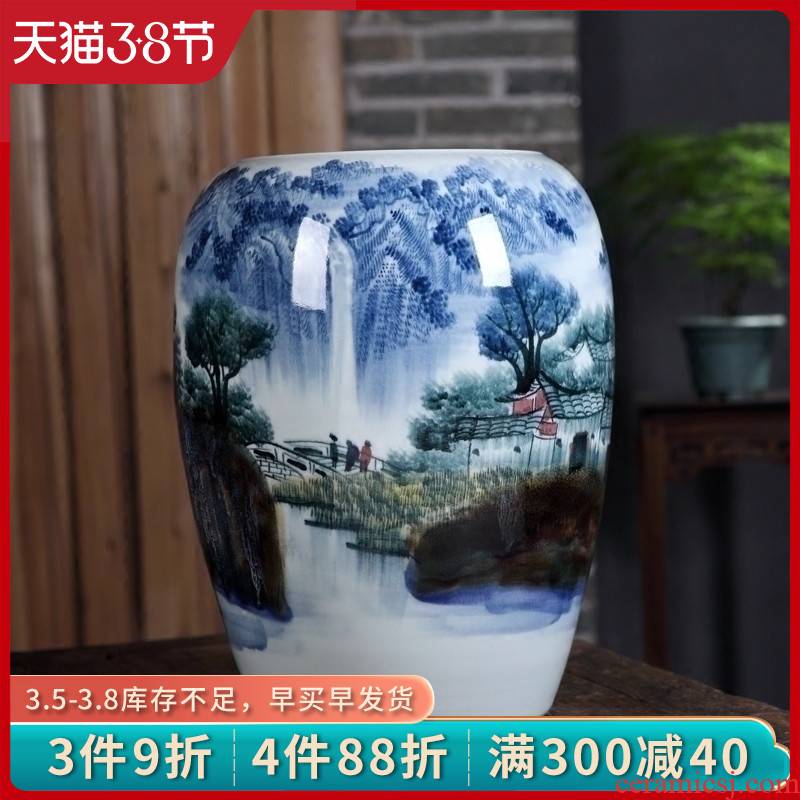 Jingdezhen ceramics vase furnishing articles by hand - made up with landscape picture tube of new Chinese style porch decoration