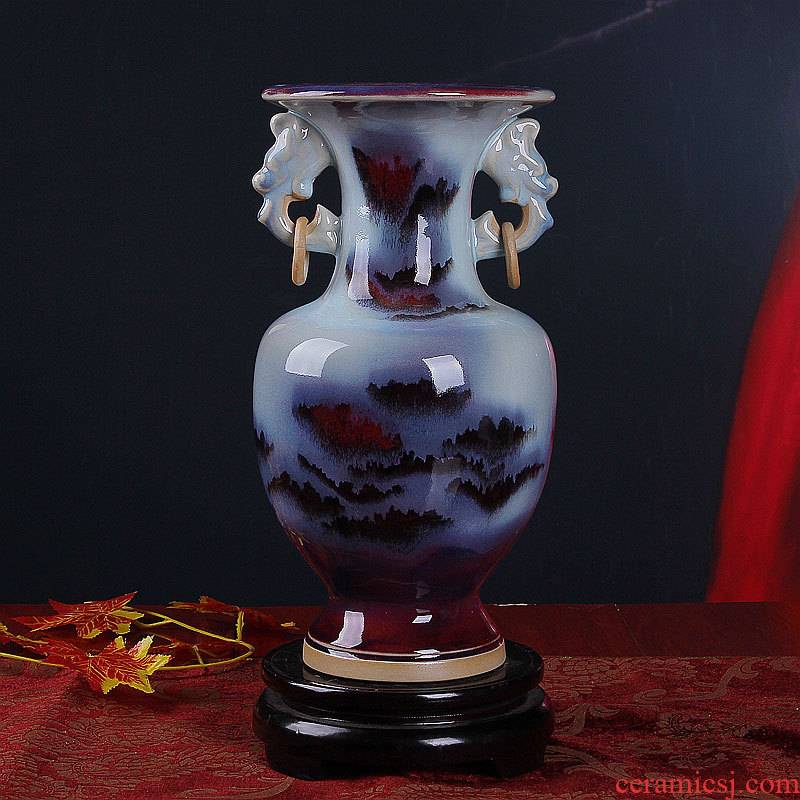Jingdezhen floret bottle ceramic antique jun porcelain ear vase rich ancient frame China new Chinese style is classic the living room