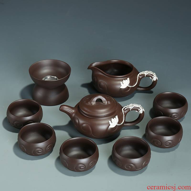 Silver violet arenaceous kung fu tea set a complete set of old purple mudstone ladle pot of manual stone gourd ladle pot home cups