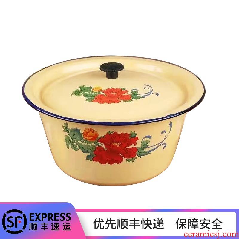 Basin tureen enamel hand washing bowl of old enamel enamel cover burn soup pot with cover flat bowl of 14 to 30 cm