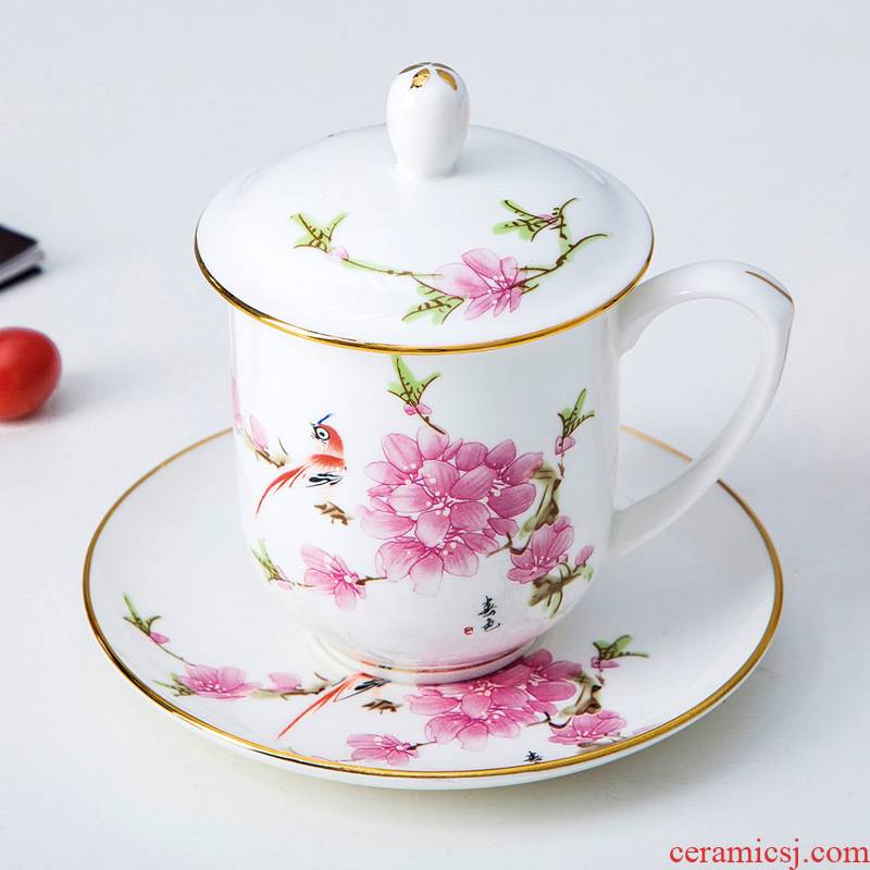 Jingdezhen ceramic peach blossom put office cup hotel and meeting the at hand paint water in the cup ipads porcelain cup with cover