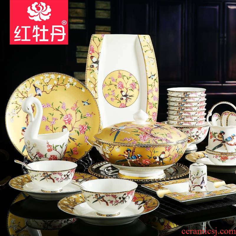 Red peony Chinese high - grade ipads China tableware suit luxurious ceramic dishes home dishes suit gift gift box