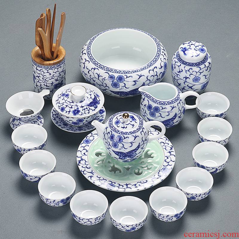Household white porcelain teacup see colour lid bowl of a complete set of blue and white porcelain art office manual kung fu ceramic tea set