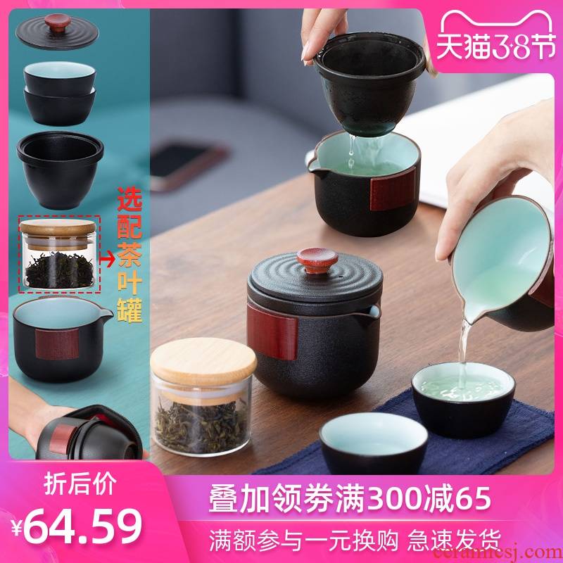 Good travel tea set of black suit a pot of 2 cups of portable receive package office ceramic kung fu wood handle teapot
