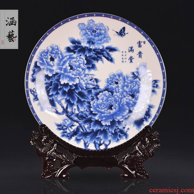 Jingdezhen blue and white ceramics CV 18 rich decorative hanging dish plate of new Chinese style household crafts home furnishing articles