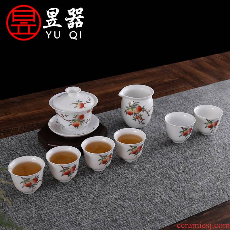 Yu ware jingdezhen ceramic flat peach offer life of hand - made of pastel kung fu tea set of jade mud covered bowl of a complete set of tea cups