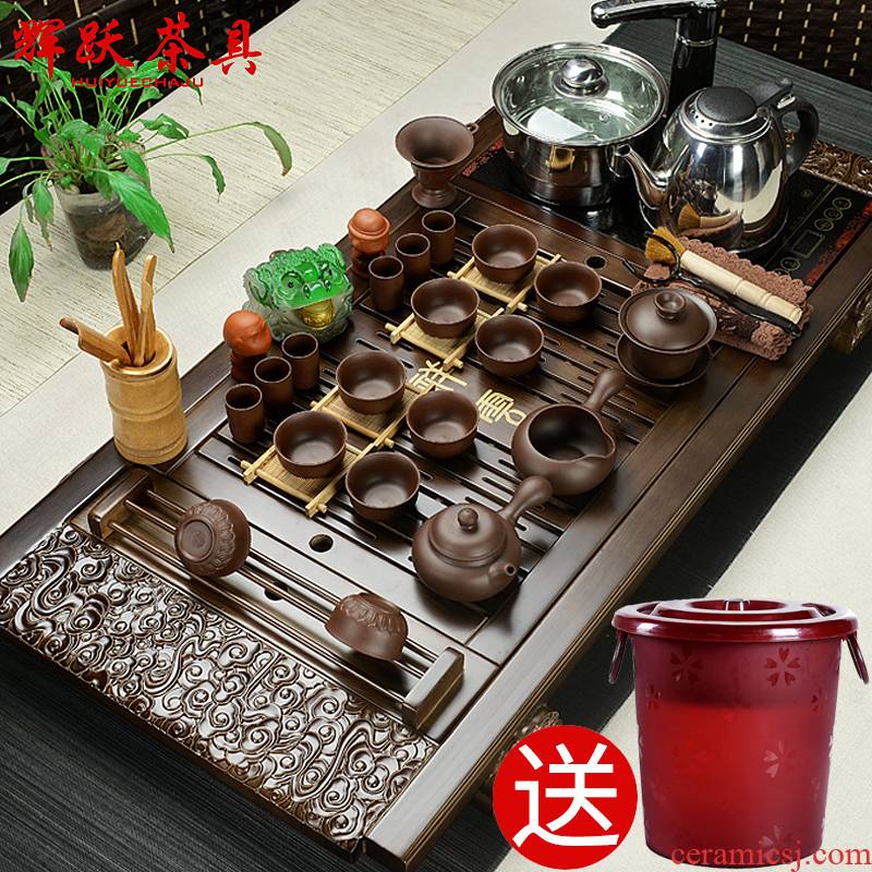 Hui, make tea set a complete set of violet arenaceous kung fu tea sets the joining together of four electric magnetic furnace solid wood tea tray
