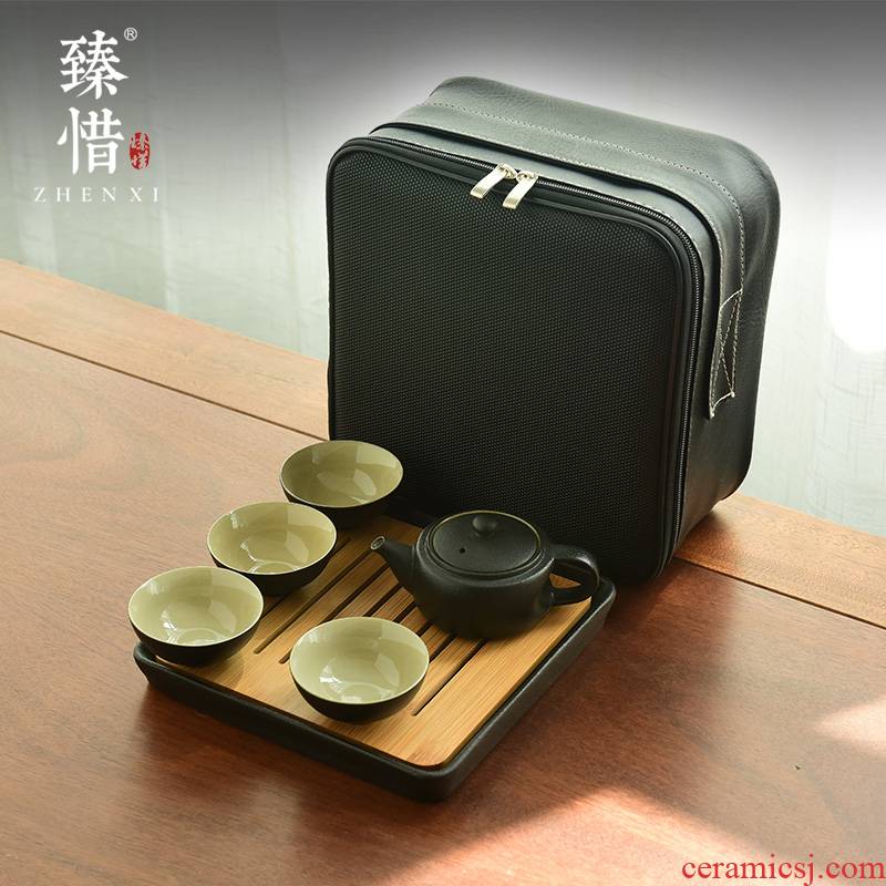 "Precious little black ceramic portable package crack cup teapot kung fu tea set household contracted small Japanese mini travel