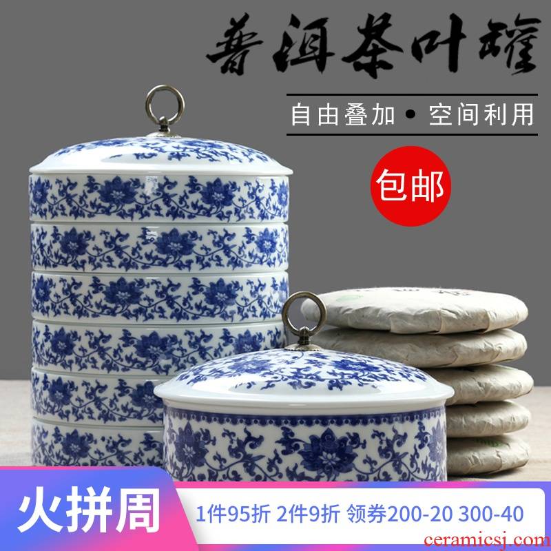 Is young, blue and white bread seven pu 'er tea pot pie tin large laminated storage warehouse tea boxes to wake tea exchanger with the ceramics