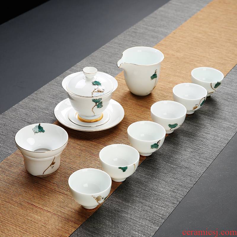 White porcelain kung fu tea set suit household contracted cup six dehua hand - made tureen tea cup set