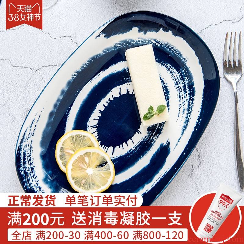Jian Lin creative Japanese ceramic household food dish steamed fish plate oval fish dish of rectangle blue ink