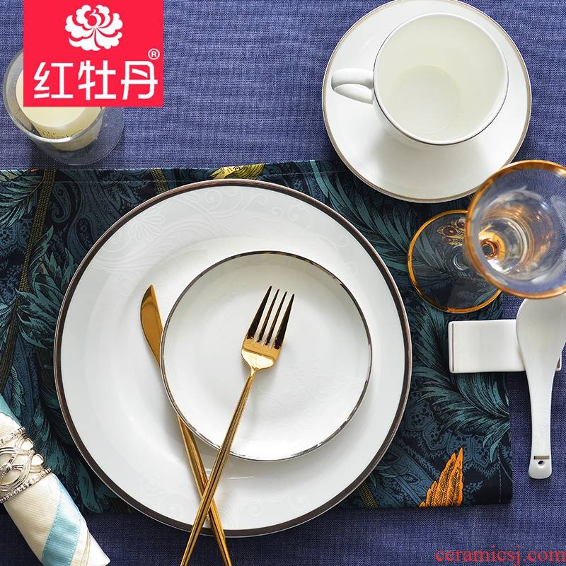 Tangshan red peony ipads porcelain tableware suit dishes home European dishes ceramic bowl chopsticks eating steak western tableware
