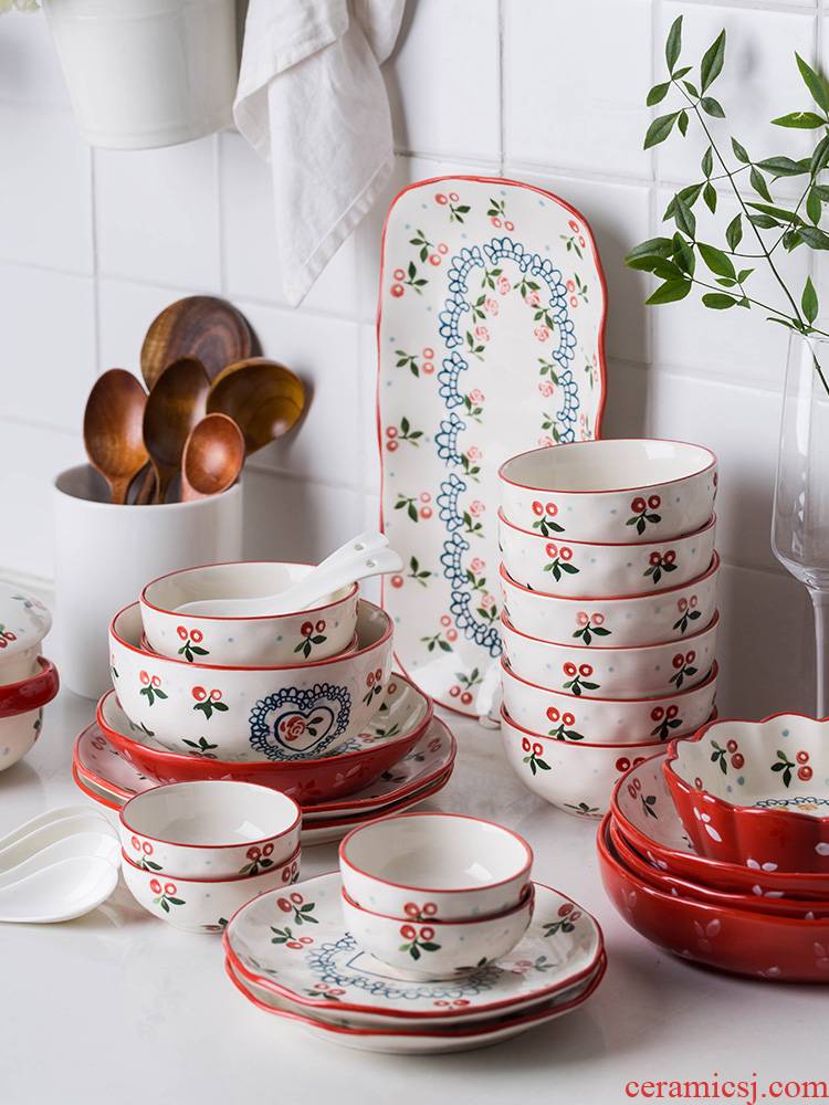 Modern Japanese cherry housewife dishes tableware, lovely creative web celebrity ceramic bowl chopsticks dishes dishes suit household