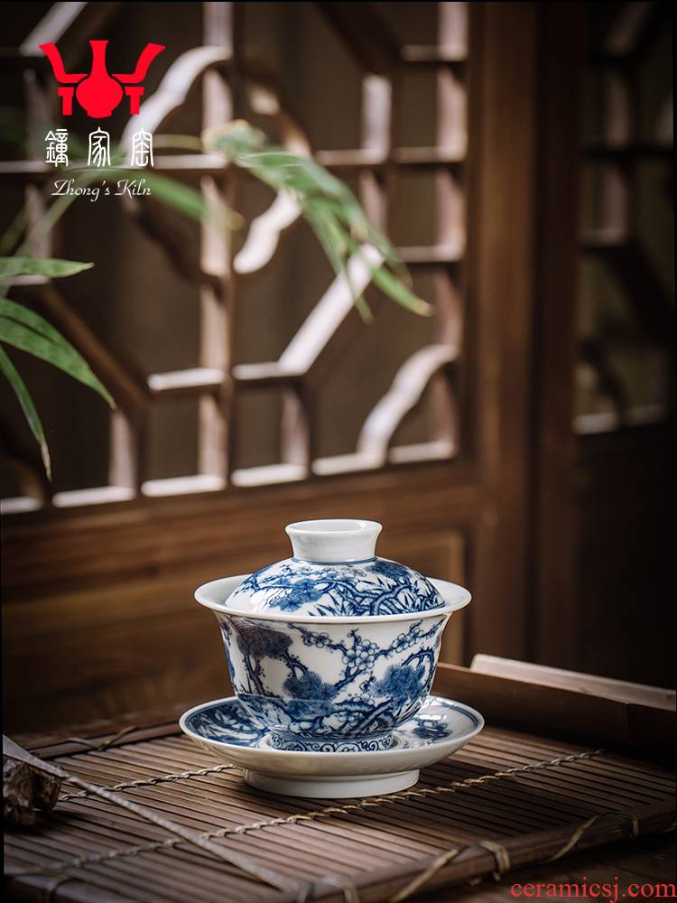 Tureen single clock home up jingdezhen blue and white Tureen large pure manual maintain shochiku name plum tea bowl three cups