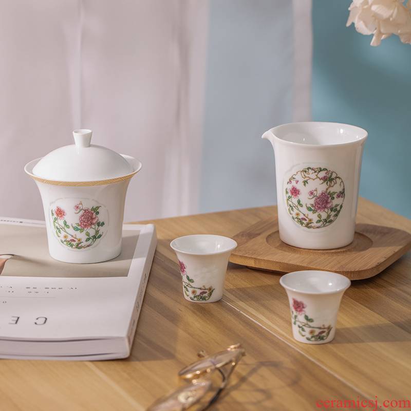 Jade cypress | jingdezhen ceramic tea set a tureen tea set with ceramic filter Mid - Autumn festival white porcelain "happy together"