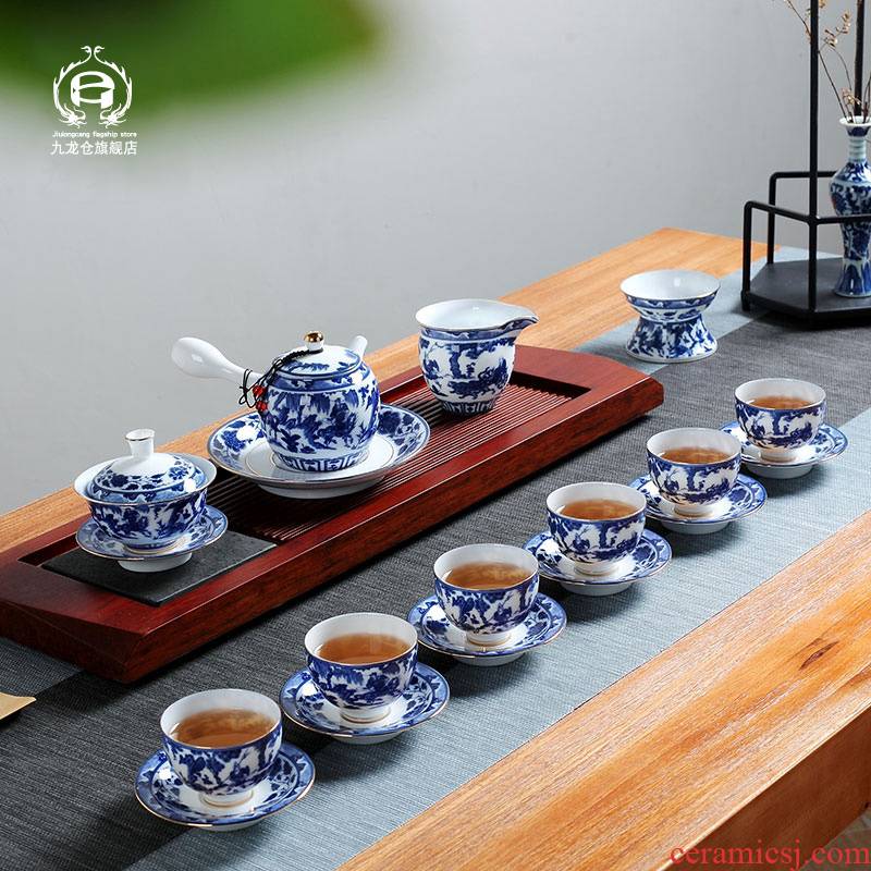 DH jingdezhen thin foetus kung fu tea set a complete set of blue and white porcelain ceramic cup tea restoring ancient ways