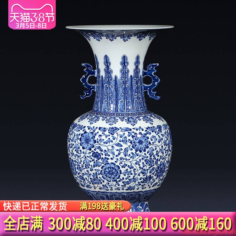 Jingdezhen blue and white ears imitation qianlong hand - made ceramics vase Chinese ancient frame sitting room adornment is placed
