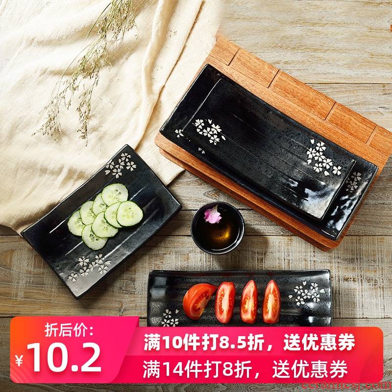 Three points to burn classic Japanese cherry blossom put black porcelain baking sushi plate and wind, Japan and South Chesapeake food tableware ceramics rectangular plate