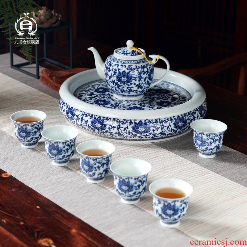 DH jingdezhen ceramic kung fu tea set suit household thin foetus glass teapot big tray of a complete set of tea cups