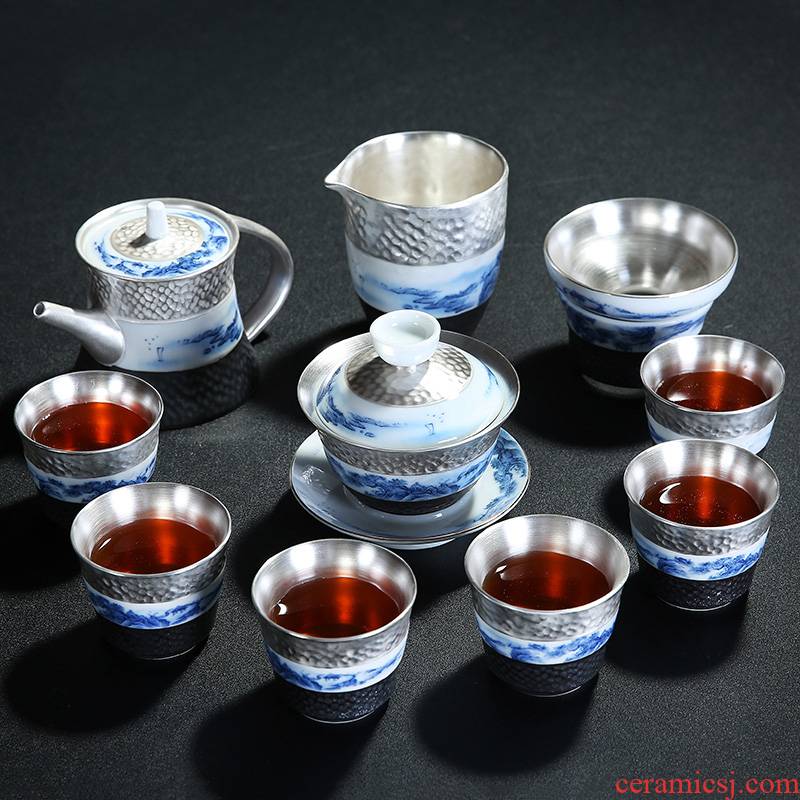 Manual tasted silver gilding kung fu tea tasted silver gilding of a complete set of ceramic tureen tea sets with blue and white porcelain tea cups