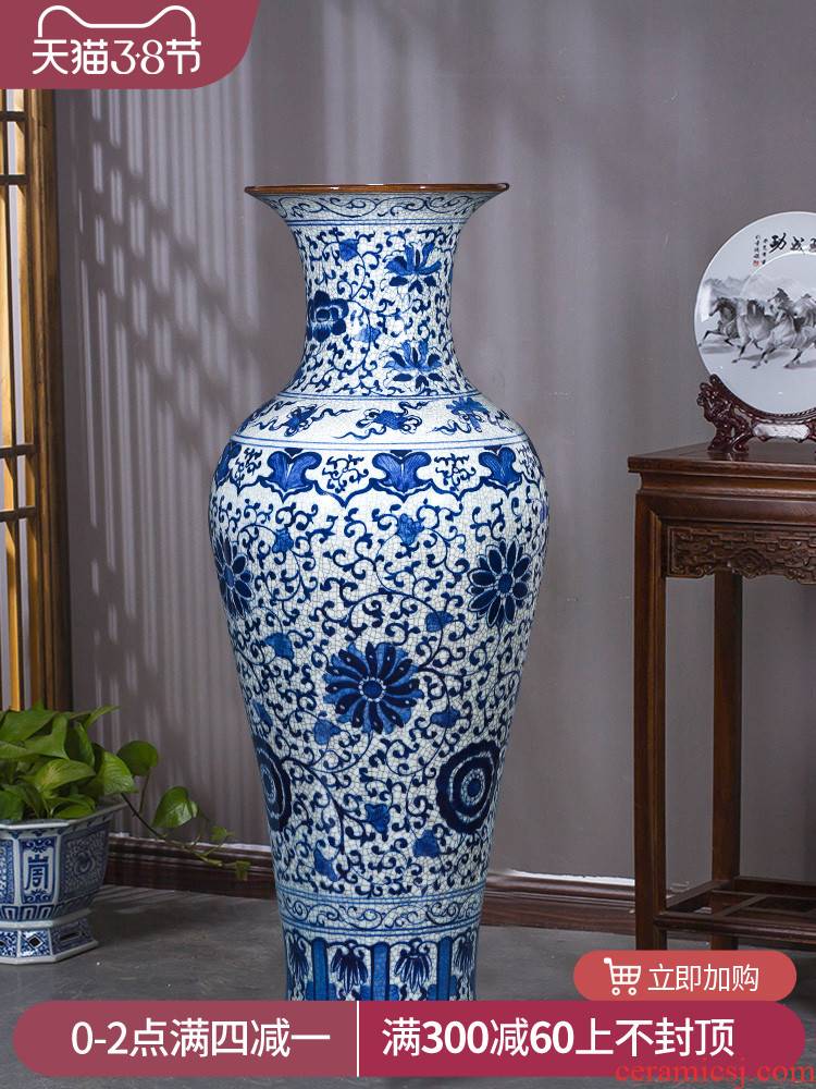 Archaize crack of large blue and white porcelain vase Chinese jingdezhen ceramics decoration to heavy large living room