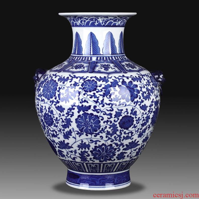 Blue and white porcelain of jingdezhen ceramics bound lotus flower ocean 's ears big vase archaize sitting room porch place decoration