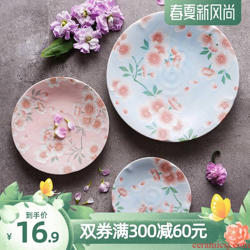 Cherry blossom put ceramic plates imported from Japan Japanese household tableware creative dim sum dishes embossment dish dish dish plates