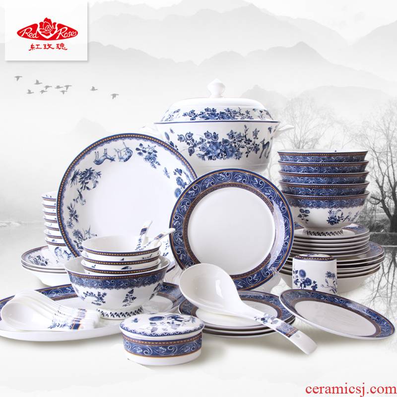 Tang Shanhong rose lead - free ipads China tableware suit household suit combination dishes Chinese dishes blue and white porcelain