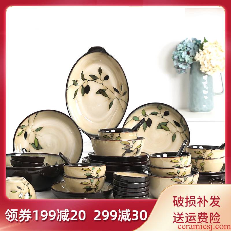 Yuquan bamboo Korean tableware suit dishes home dishes, 6/10 people set bowl bowl chopsticks combination ceramic plate