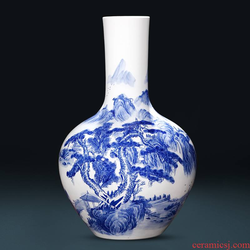 Jingdezhen ceramics antique Chinese classical landscape painting large blue and white porcelain vase flower arrangement sitting room adornment is placed
