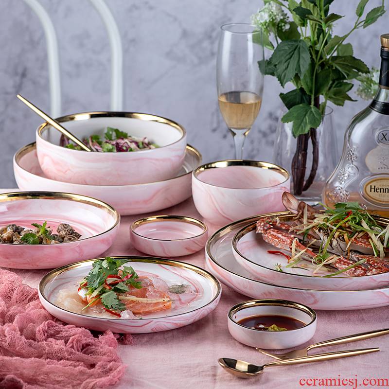 Northern dishes suit household creative ins marble ceramic powder four people eat bowl bowl bowl dish plate